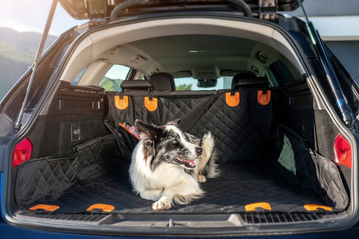 Dog sitting on waterproof pet car seat cover in vehicle trunk area