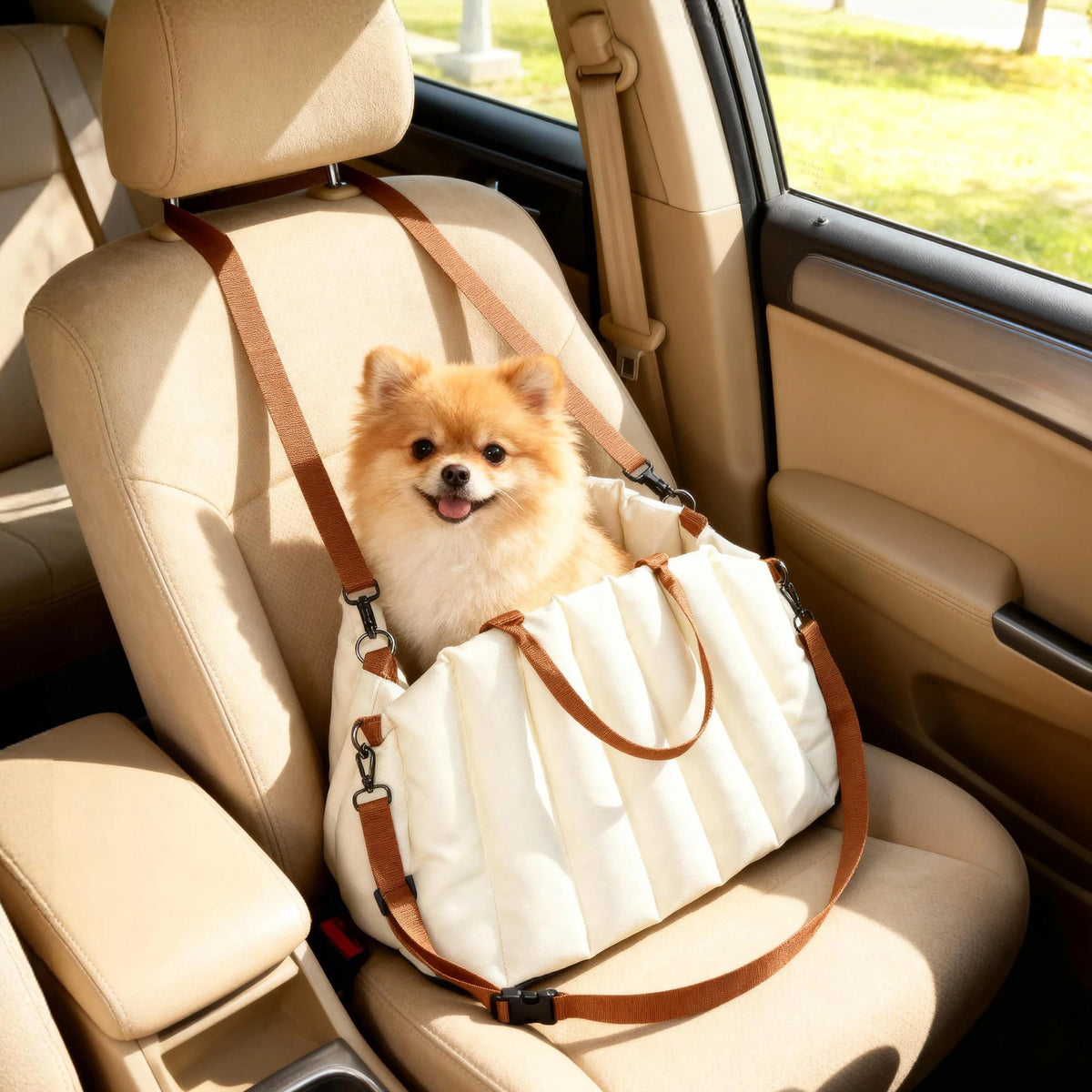 Small dog relaxing in the Pawsmee 3-in-1 travel bed for car rides, carrying and travel