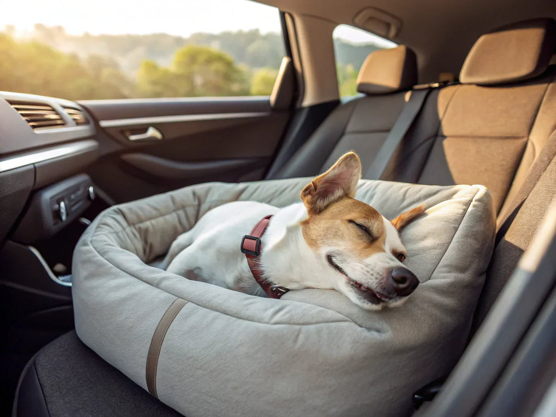 Small dog resting comfortably in a gray dog car seat bed on the front passenger seat during a car ride.