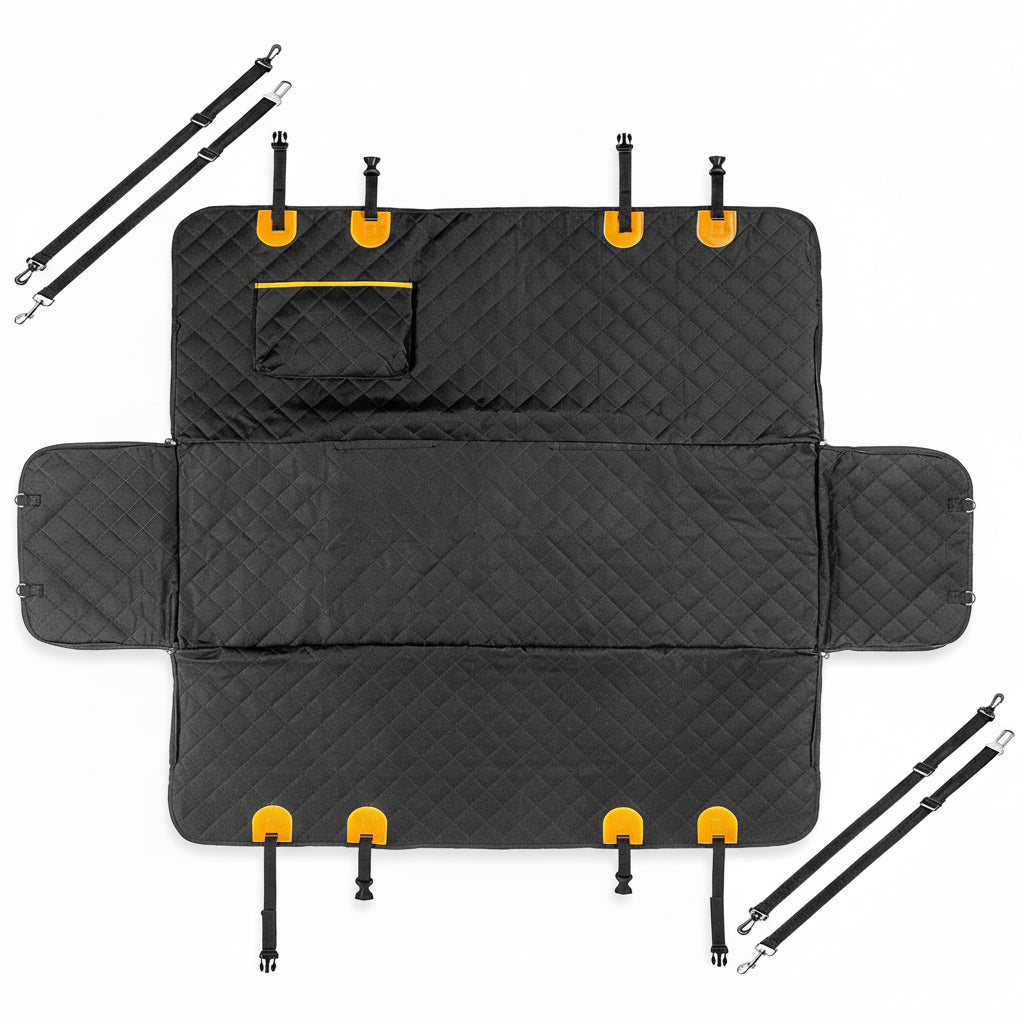 Adjustable straps securing waterproof dog seat cover to car headrests
