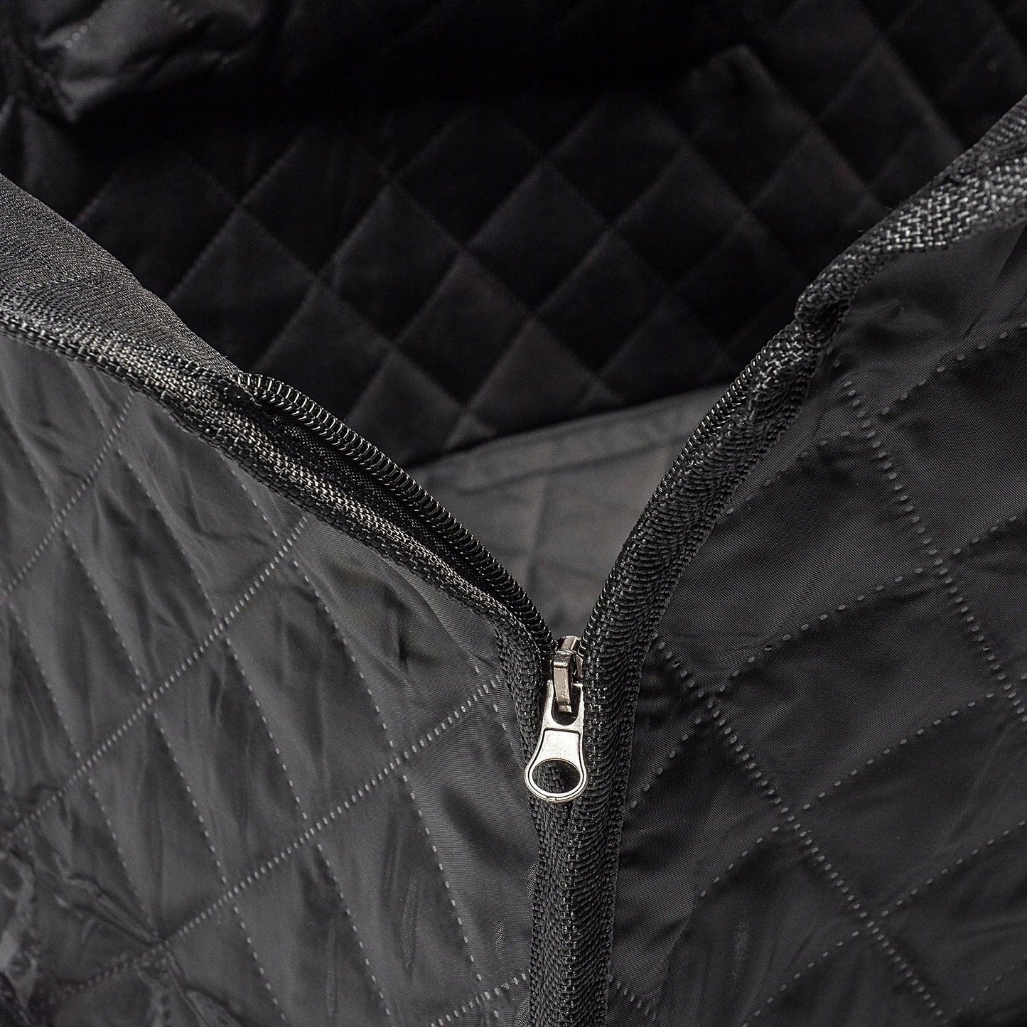 Close-up of quilted waterproof fabric on dog car seat cover