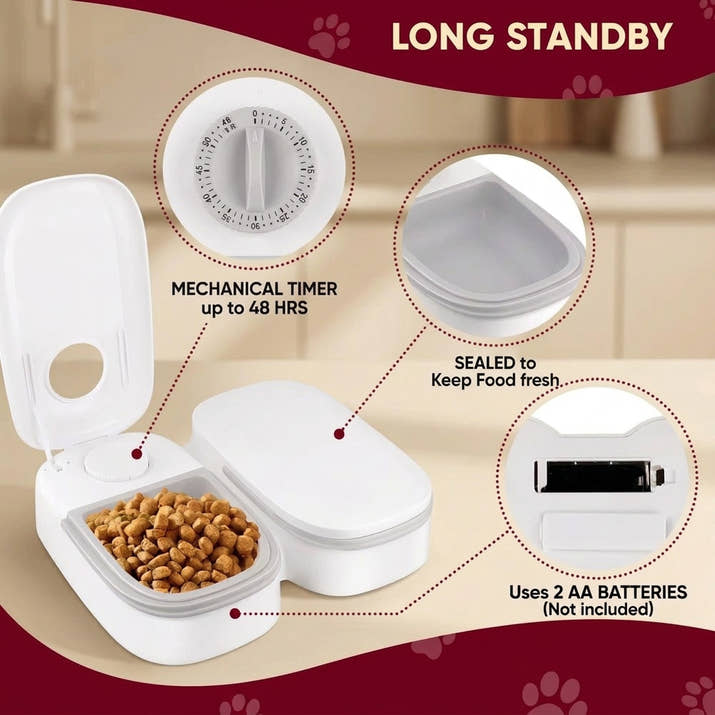 Pawsmee portable 2-Meal Travel Feeder with 48-hour timer, ideal for road trips, overnight stays and scheduled feeding