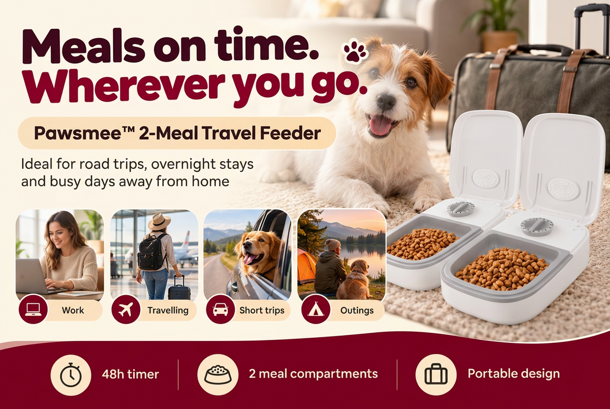Pawsmee 2-Meal Travel Feeder with 48-hour timer and two meal compartments, designed for road trips, overnight stays and travel with small dogs