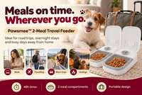 Pawsmee 2-Meal Travel Feeder with 48-hour timer and two meal compartments, designed for road trips, overnight stays and travel with small dogs