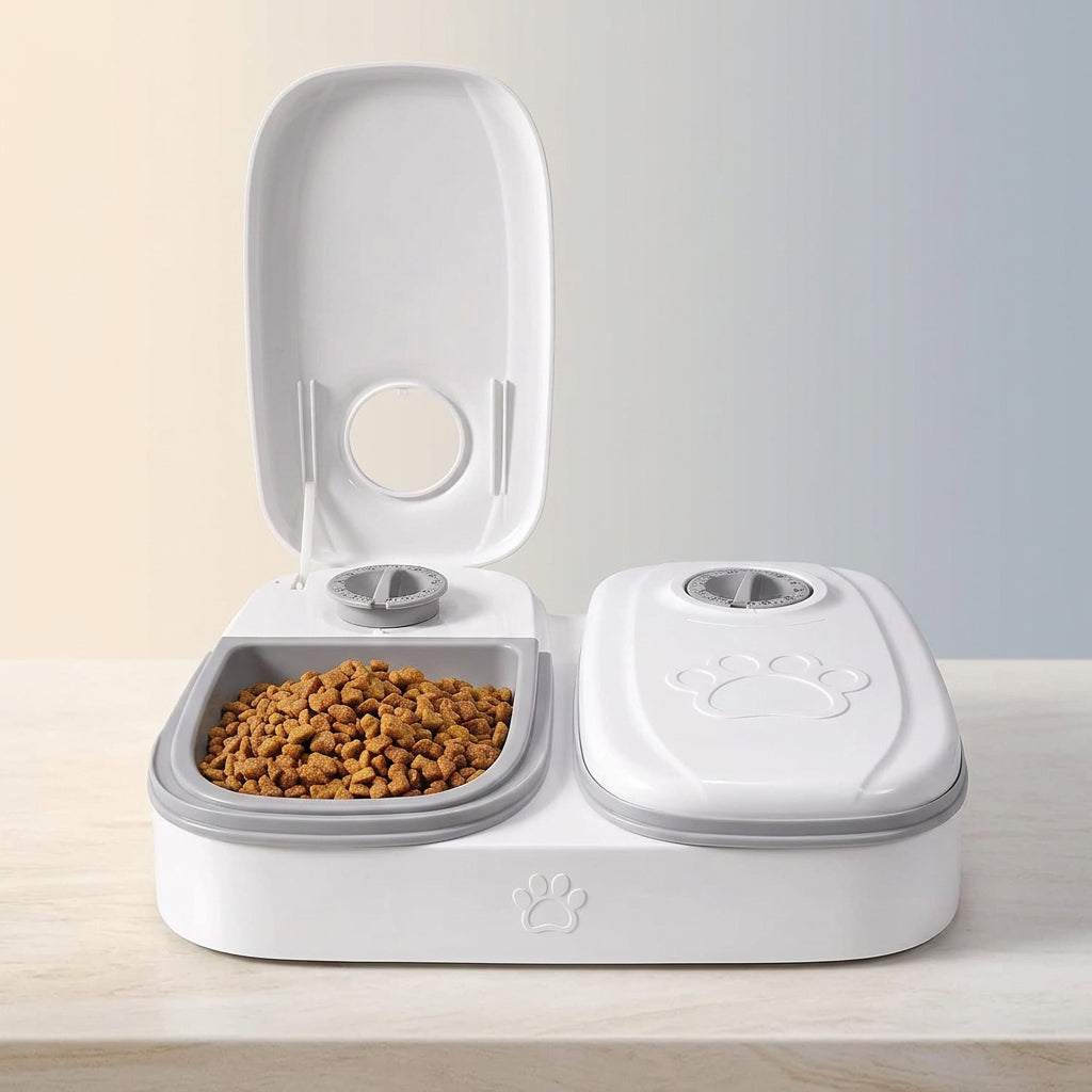 Pawsmee 2-Meal Travel Feeder in white with two timed food compartments for cats and small dogs