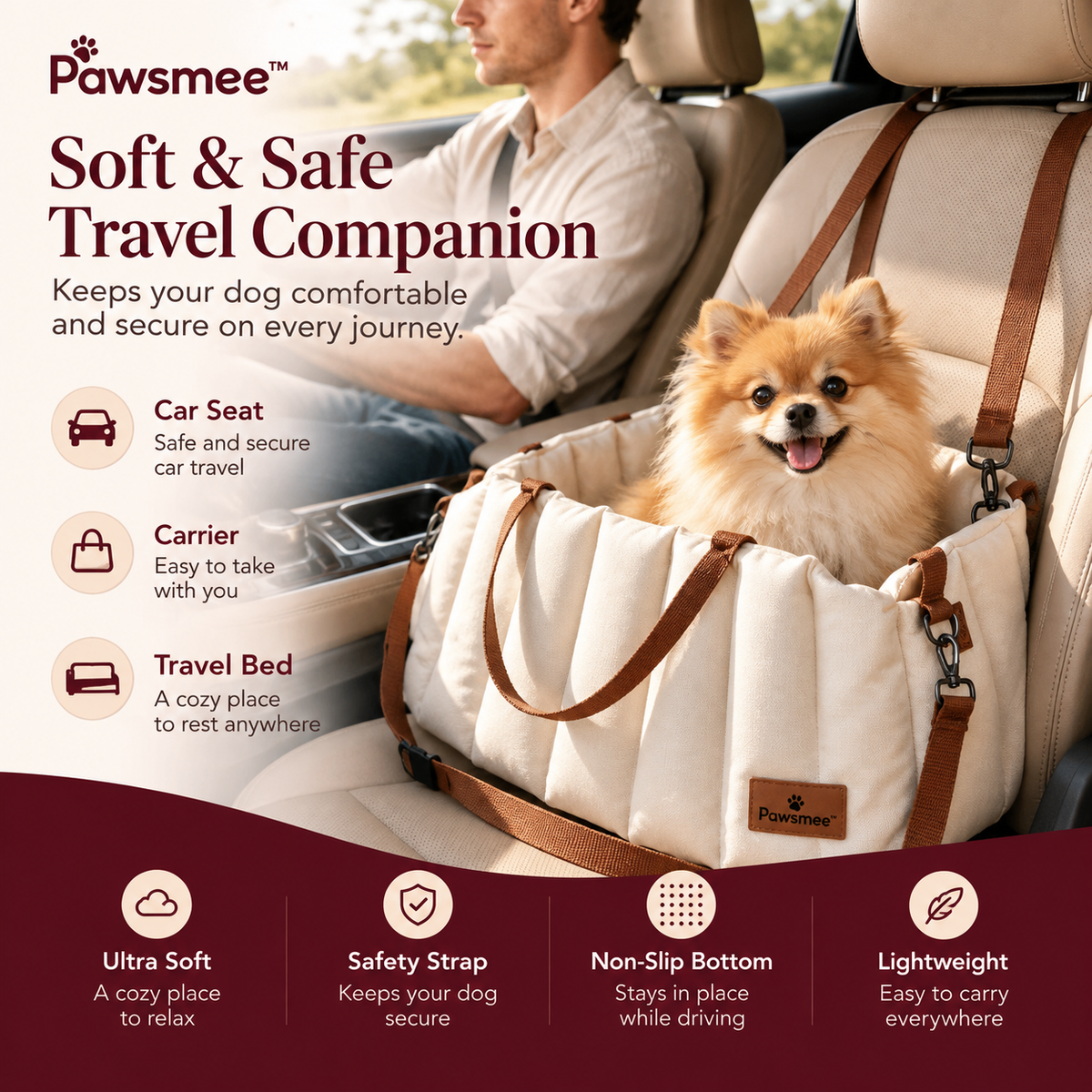 Pawsmee 3-in-1 dog travel bed with soft padding, safety strap, non-slip bottom and lightweight carrier design for small dogs