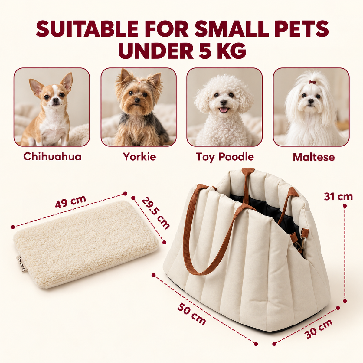 Pawsmee 3-in-1 dog travel bed size guide for small dogs under 5 kg with dimensions 50 x 30 x 31 cm