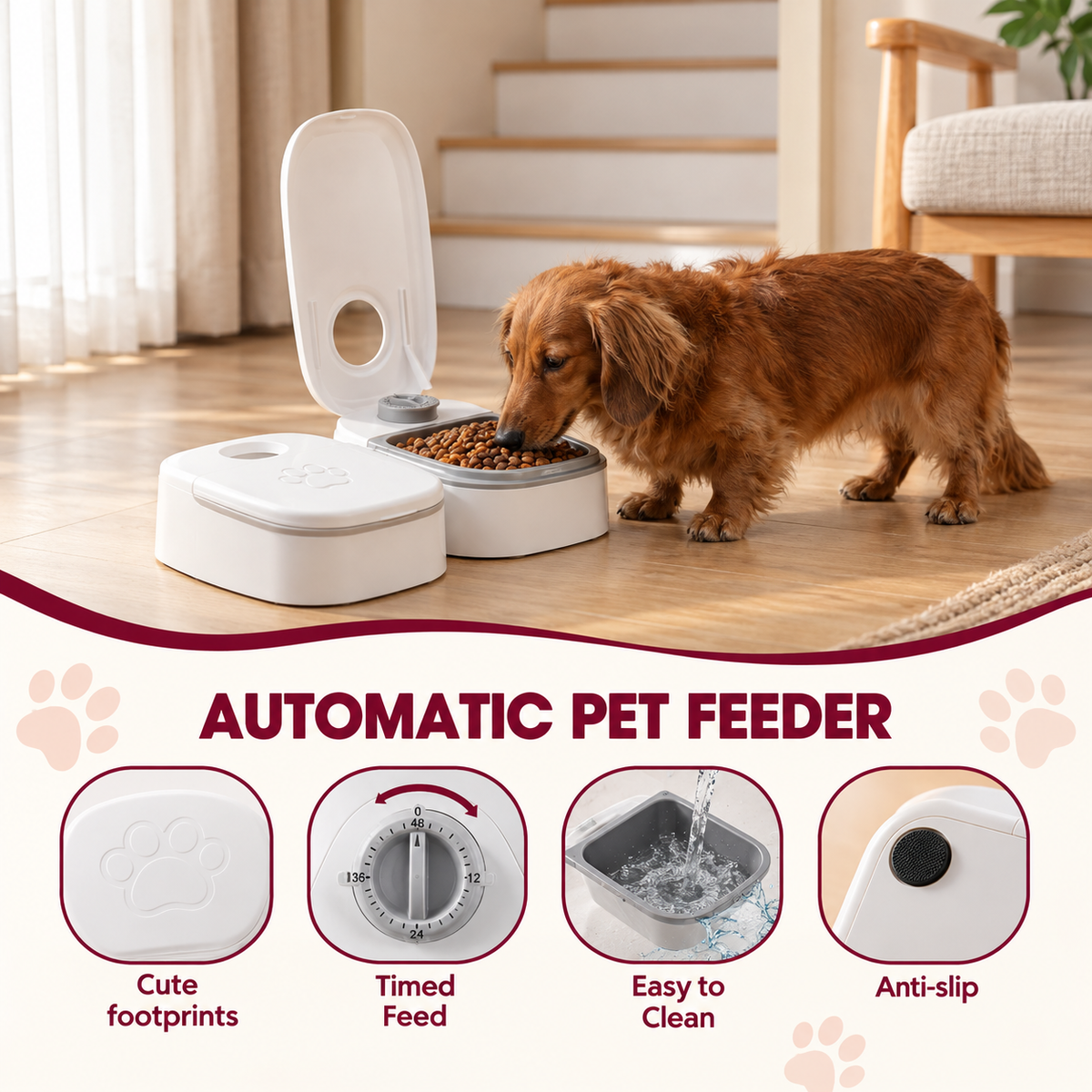 Pawsmee automatic travel feeder for dogs with timed feeding, easy-clean compartments and anti-slip base