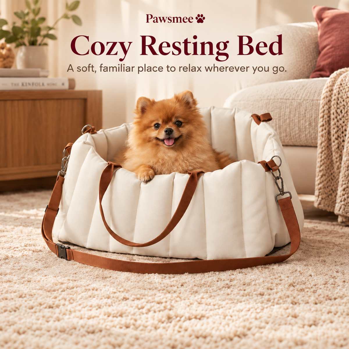 Small dog relaxing in the Pawsmee cozy resting bed with soft padded sides and cream travel carrier design