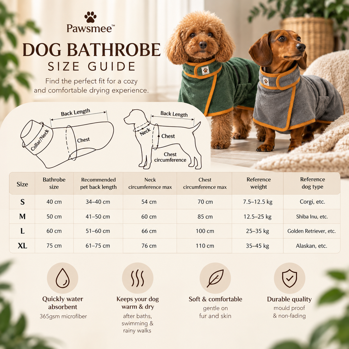 Pawsmee dog bathrobe size guide showing green and grey robes with S to XL measurements and fit guidance