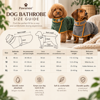 Pawsmee dog bathrobe size guide showing green and grey robes with S to XL measurements and fit guidance
