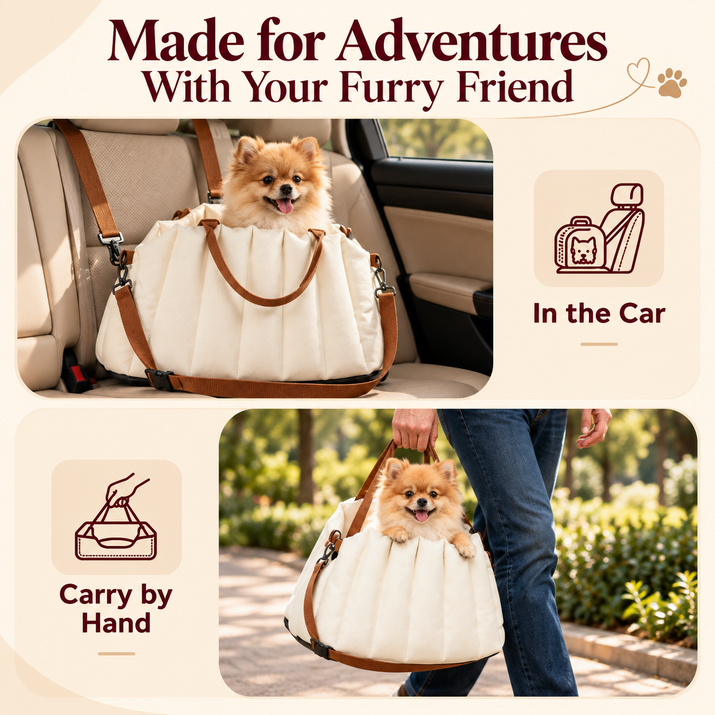 Pawsmee dog travel bed used in the car and carried by hand for comfortable travel with small dogs