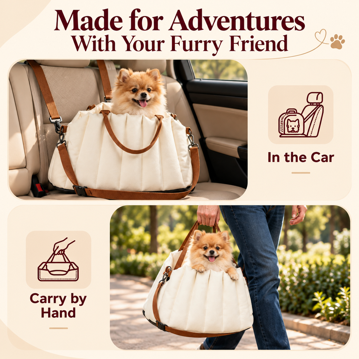 Pawsmee dog travel bed used in the car and carried by hand for comfortable travel with small dogs