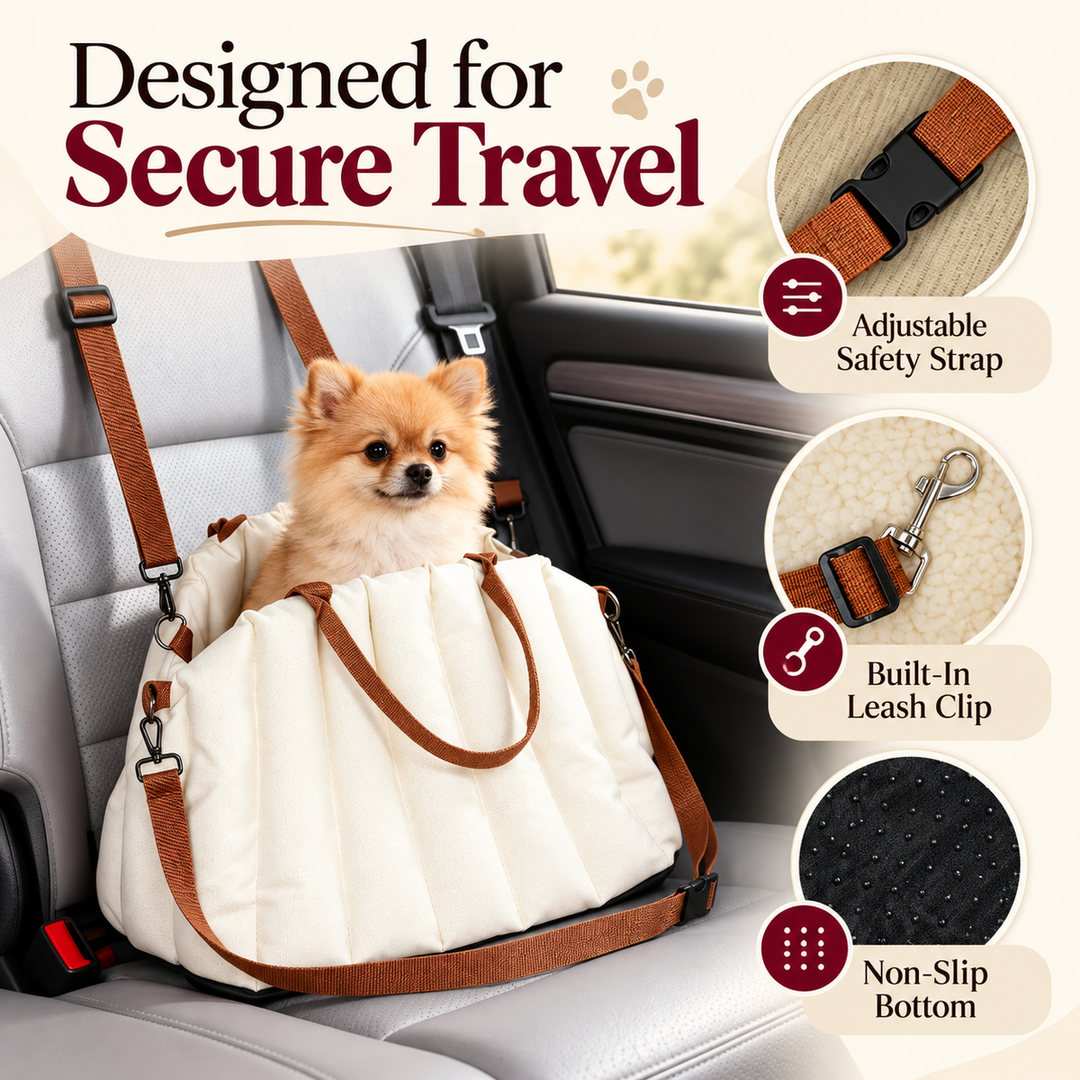 Pawsmee dog travel bed with adjustable safety strap, built-in leash clip and non-slip bottom for secure car travel