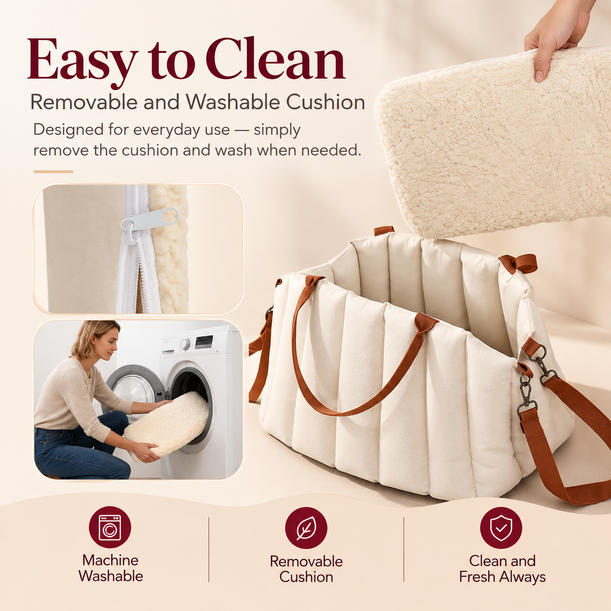 Pawsmee dog travel bed with removable washable cushion for easy everyday cleaning