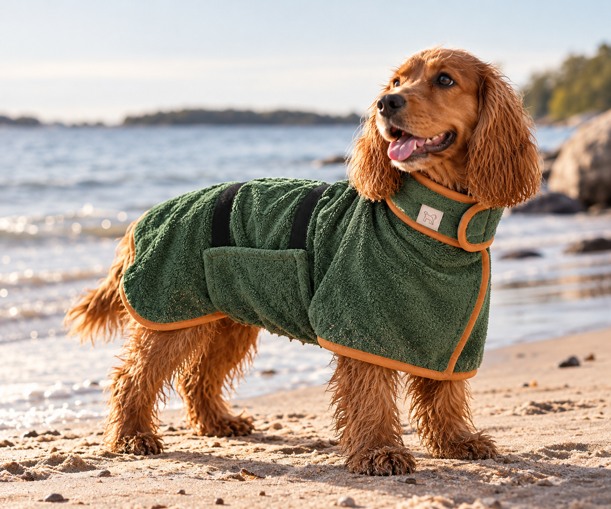 Wet dog wearing a green Pawsmee quick-dry robe on the beach after swimming