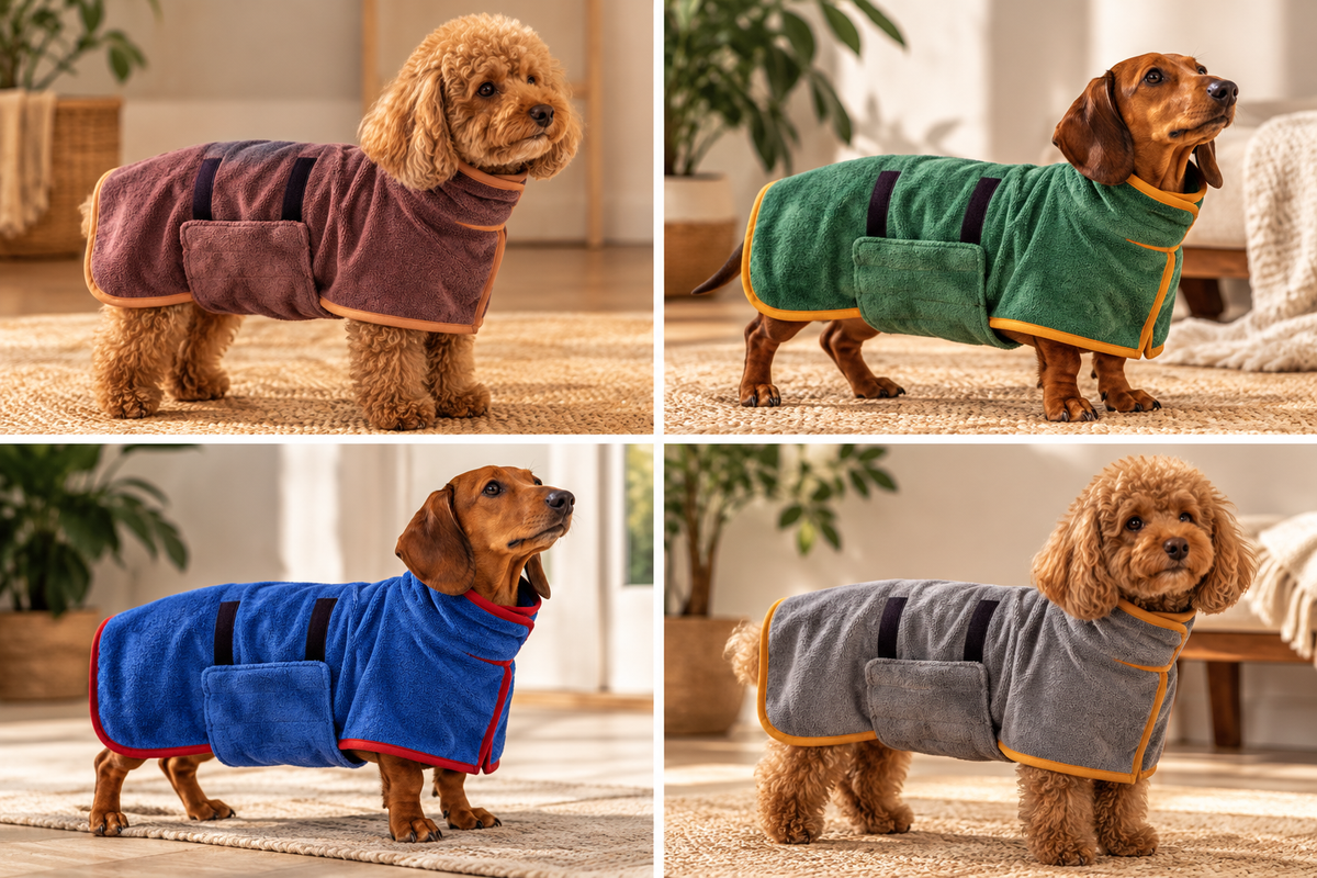 Dogs wearing Pawsmee quick-dry dog robes in brown, green, blue and grey color options