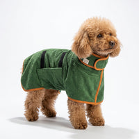 Small dog wearing a green quick-dry dog robe designed for drying after walks, baths and swimming