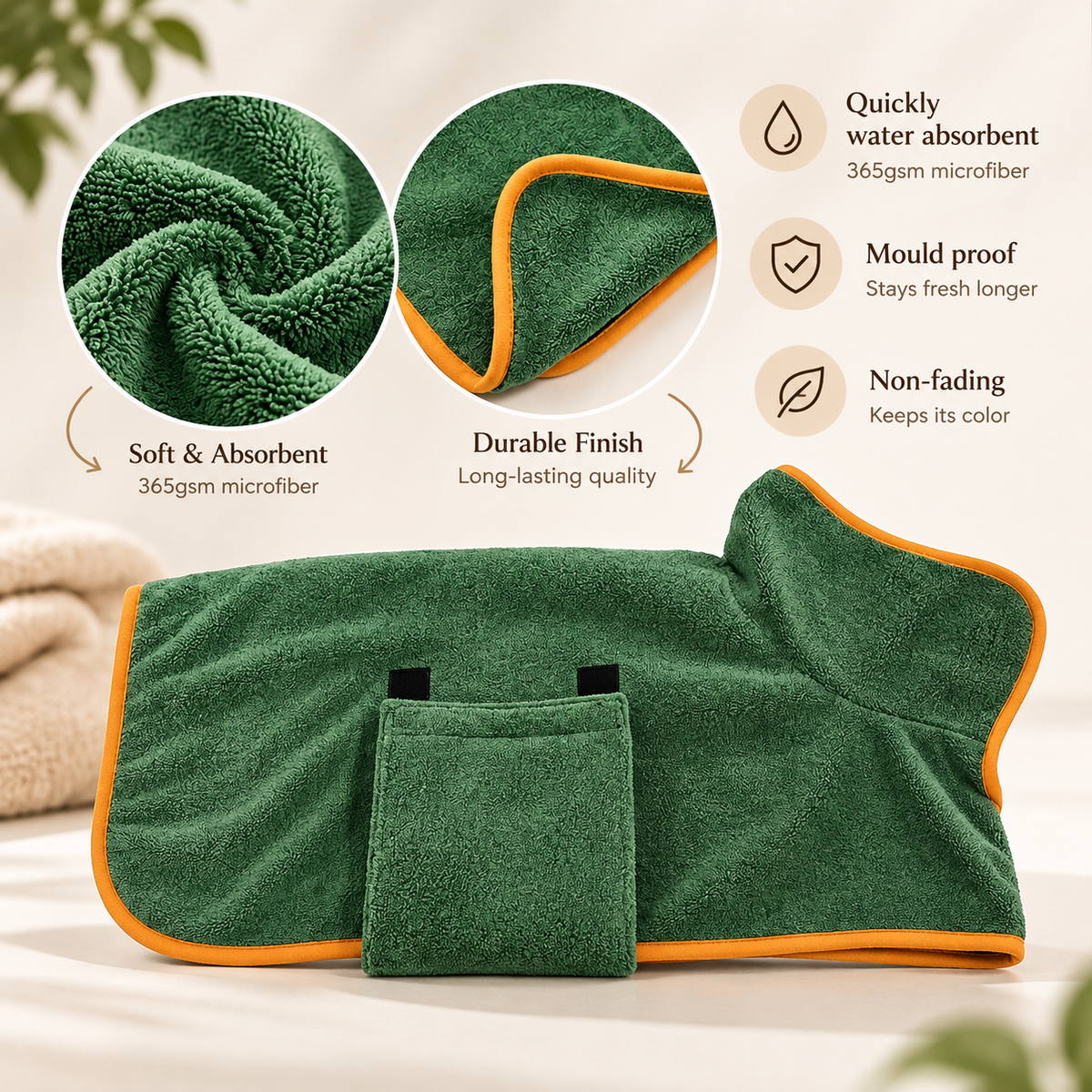 Pawsmee green quick-dry dog robe made from soft absorbent 365gsm microfiber with durable orange trim