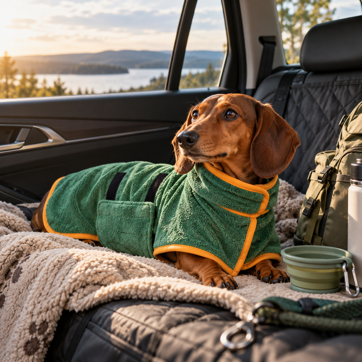 Small dog wearing a green Pawsmee quick-dry robe while relaxing on the back seat during a road trip