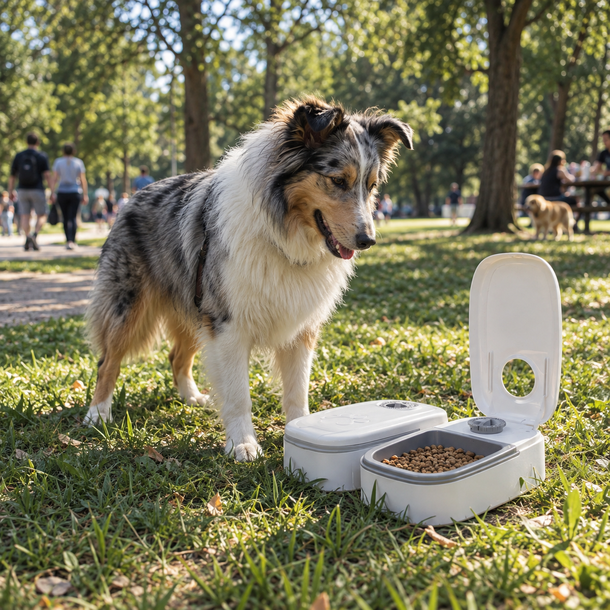 Pawsmee portable 2-Meal Travel Feeder for dogs, shown outdoors for road trips, picnics and travel