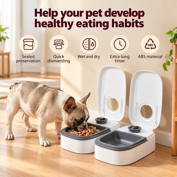 Pawsmee 2-Meal Travel Feeder for dogs with wet and dry food compartments, sealed lids and extended timer