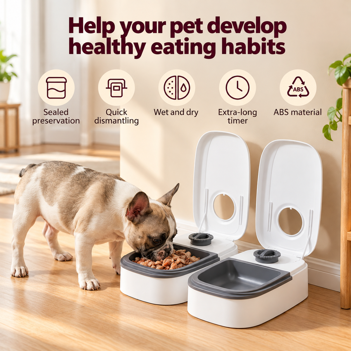 Pawsmee 2-Meal Travel Feeder for dogs with wet and dry food compartments, sealed lids and extended timer